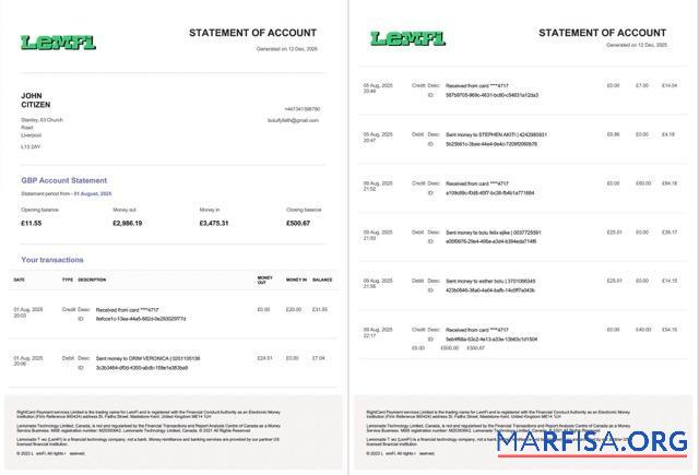 Printable UK Lemfi account statement word 2 pages template